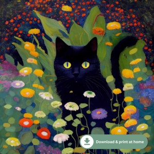 DIGITAL DOWNLOAD | Gustav Klimt Garden Style Cat Print - Klimt Flowers Cat Poster - Funny Black Cat Art - Funny Cat Gift - Home Decor Poster