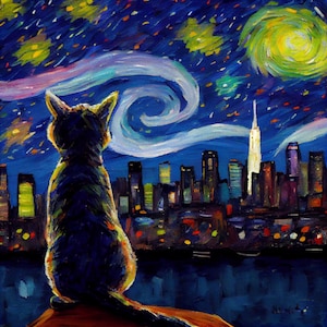 Sternenklare Nacht Katze Kunstdruck | Van Gogh inspirierte Wandkunst | Wand Kunst Druck | Tier Wand Dekor, Tier Kunstdruck, Katzen Liebhaber Geschenk