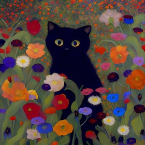 Gustav Klimt Garden Style Cat Print - Klimt Flowers Cat Poster - Grappige Zwarte Kat Kunst - Bloemenprint - Grappige Kat Cadeau - Home Decor Poster