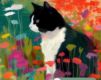 DIGITAL DOWNLOAD | Vibrant Tuxedo Cat in Wildflower Field - Matisse-Inspired Art Print - Creative Gift for Cat Lovers - Home Decor