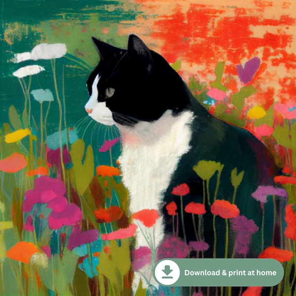DIGITAL DOWNLOAD | Vibrant Tuxedo Cat in Wildflower Field - Matisse-Inspired Art Print - Creative Gift for Cat Lovers - Home Decor