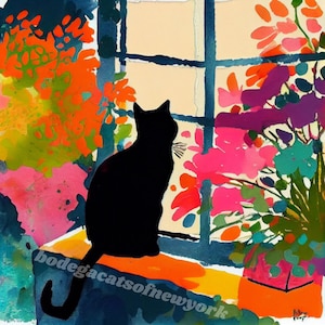 Matisse-Inspired Black Cat & Floral Watercolor Print - Perfect as a Unique Gift for Cat and Art Lovers, Home Decor for Cat Lovers