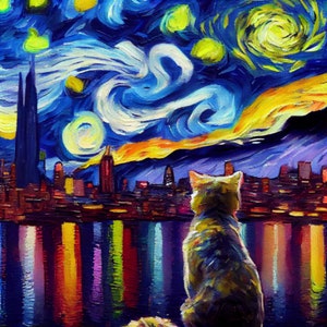 Sternenklare Nacht Katze Kunstdruck - Van Gogh inspirierte Wanddekoration, einzigartige Tierkunst, lebendiger wirbelnder Himmel - perfektes Geschenk für Katzenliebhaber