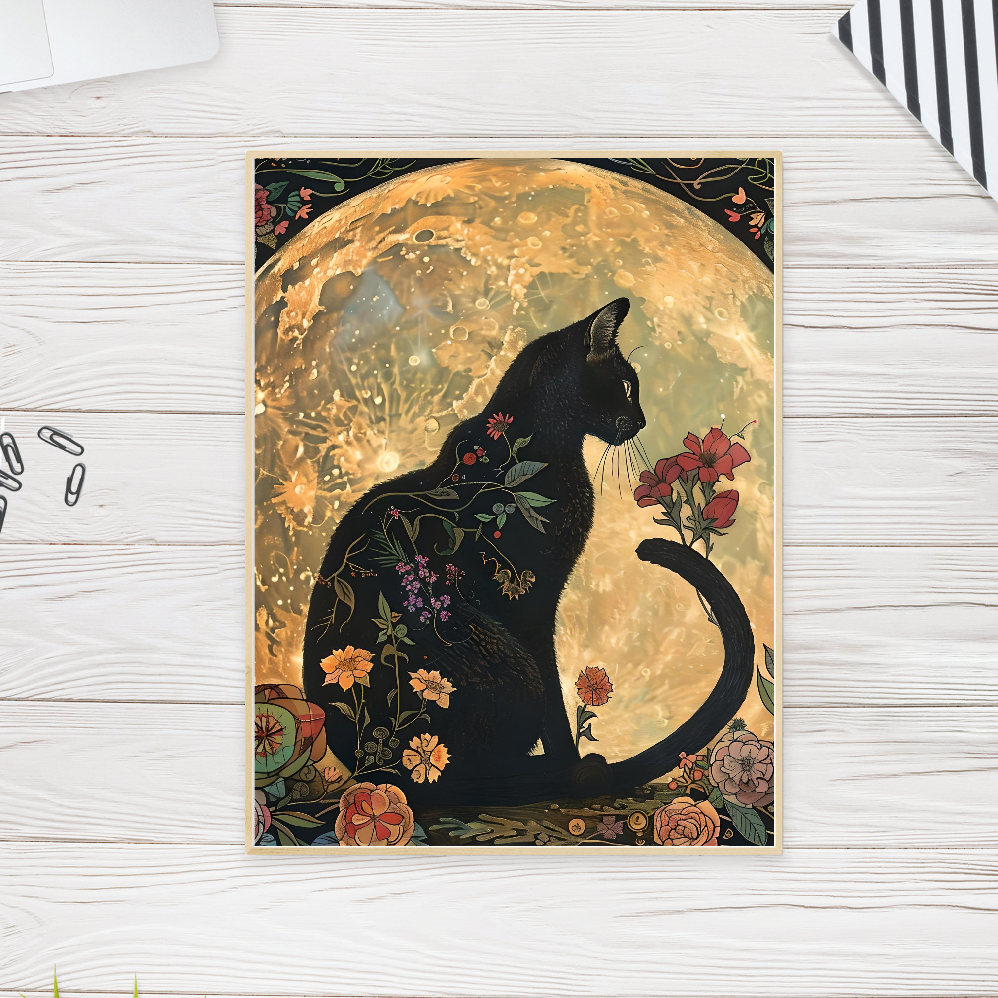 黒猫アールヌーボー版画：花の月ステンドグラス（デジタルダウンロード