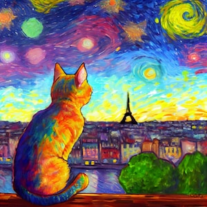 Sternenklare Nacht Katze Kunstdruck - Van Gogh inspirierte Wanddekoration, einzigartige Tierkunst, lebendiger wirbelnder Himmel - perfektes Geschenk für Katzenliebhaber