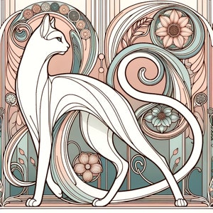 Art Nouveau Inspired Cat Art Print - 20th-century Art Nouveau - Gallery Wall Art - Alphonse Mucha Inspired