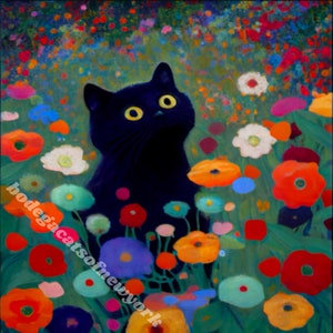 Gustav Klimt Garden Style Cat Print - Klimt Flowers Cat Poster - Funny Black Cat Art - Floral Print - Funny Cat Gift - Home Decor Poster