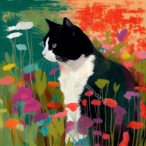 Chat smoking vibrant dans un champ de fleurs sauvages - Impression d'art inspirée de Matisse - Cadeau créatif pour les amoureux des chats - Décoration d'intérieur