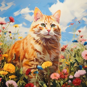 Orange Tabby Cat Art Print: Curious Feline Amidst Vibrant Floral Field, Tranquil Sky - Painting Style