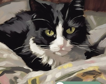 DIGITAL DOWNLOAD | Adorable Tuxedo Cat Snuggled in Van Gogh-Inspired Bed Sheets Art Print - Cozy Feline Bedroom Wall Decor