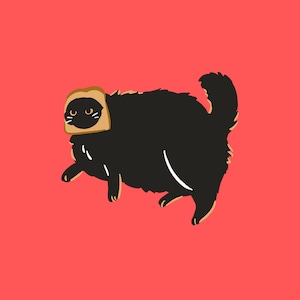 Black Cat Bread Head - Quirky & Humorous Wall Art Illustration on Vibrant Red Background - Unconventional Home Decor