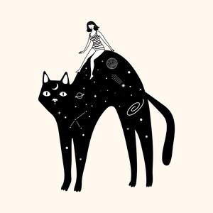 Celestial Cat Art Print – Whimsical Woman & Galaxy Cat Poster