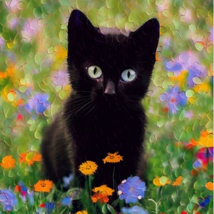 Gustav Klimt tuinstijl kat print - Klimt bloemen kat poster - grappige zwarte kat kunst - bloemenprint - grappige kat cadeau - woondecoratie poster