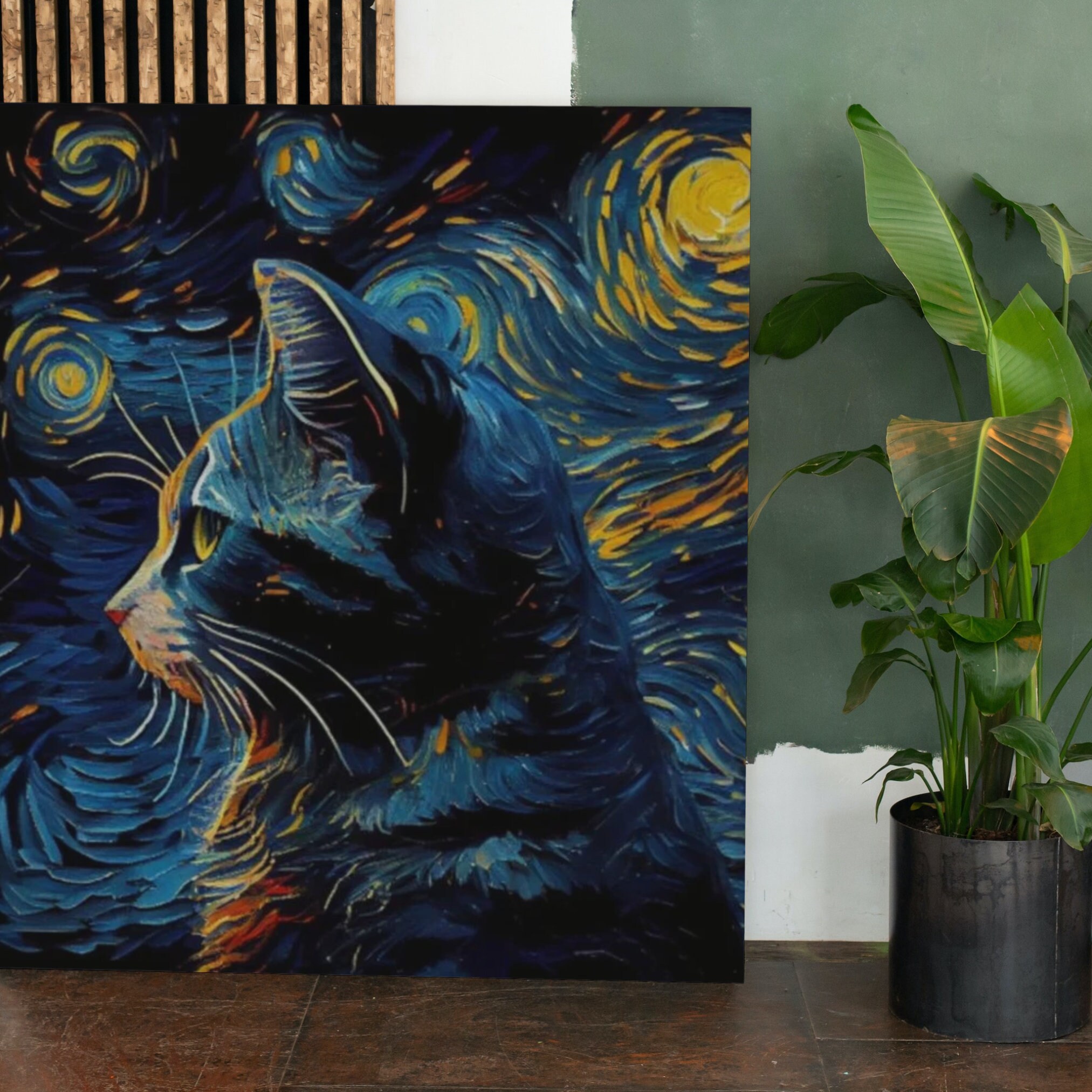 星月夜の猫のアートプリント - ゴッホにインスパイアされたユニークな