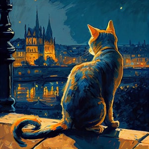 Sternenklare Nacht Katze Kunstdruck - Van Gogh inspirierte Wanddekoration, einzigartige Tierkunst, lebendiger wirbelnder Himmel - perfektes Geschenk für Katzenliebhaber