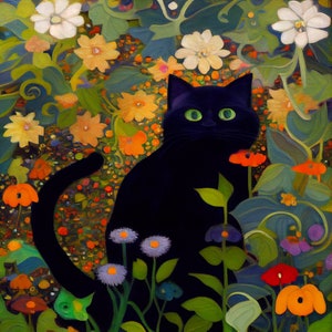 Gustav Klimt Garden Style Cat Print Klimt Flowers Cat Poster Funny ...