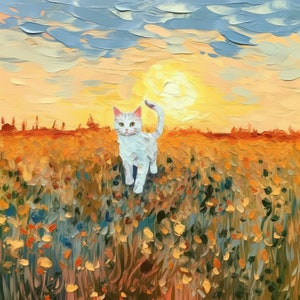 Whimsical Feline Stroll: Monet-Inspired Disney Dreams with Sky-Blue and Amber Hues Among Birds & Flowers