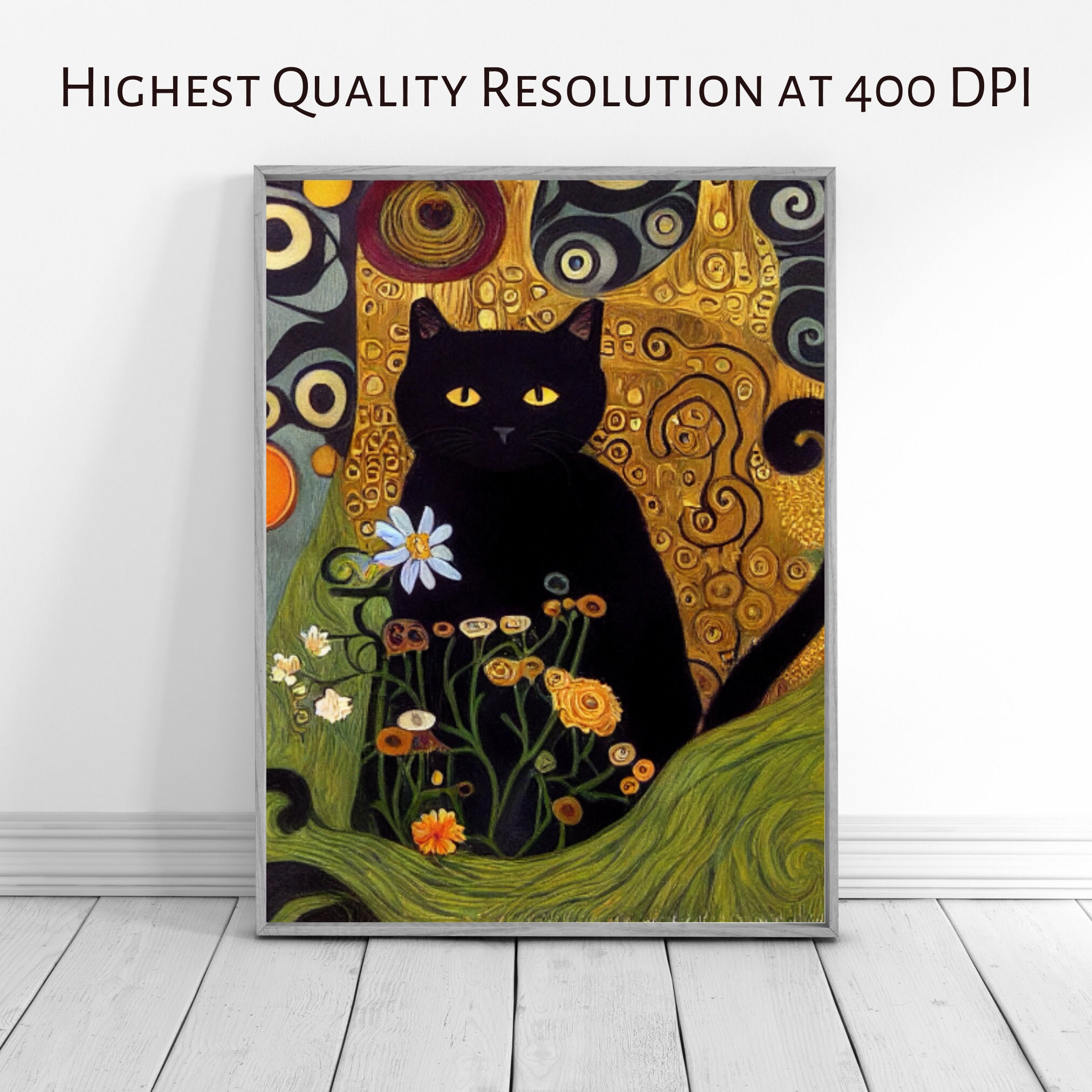 クリムト風黒猫アートプリント - 花柄ガーデン猫好きへのギフト - Etsy