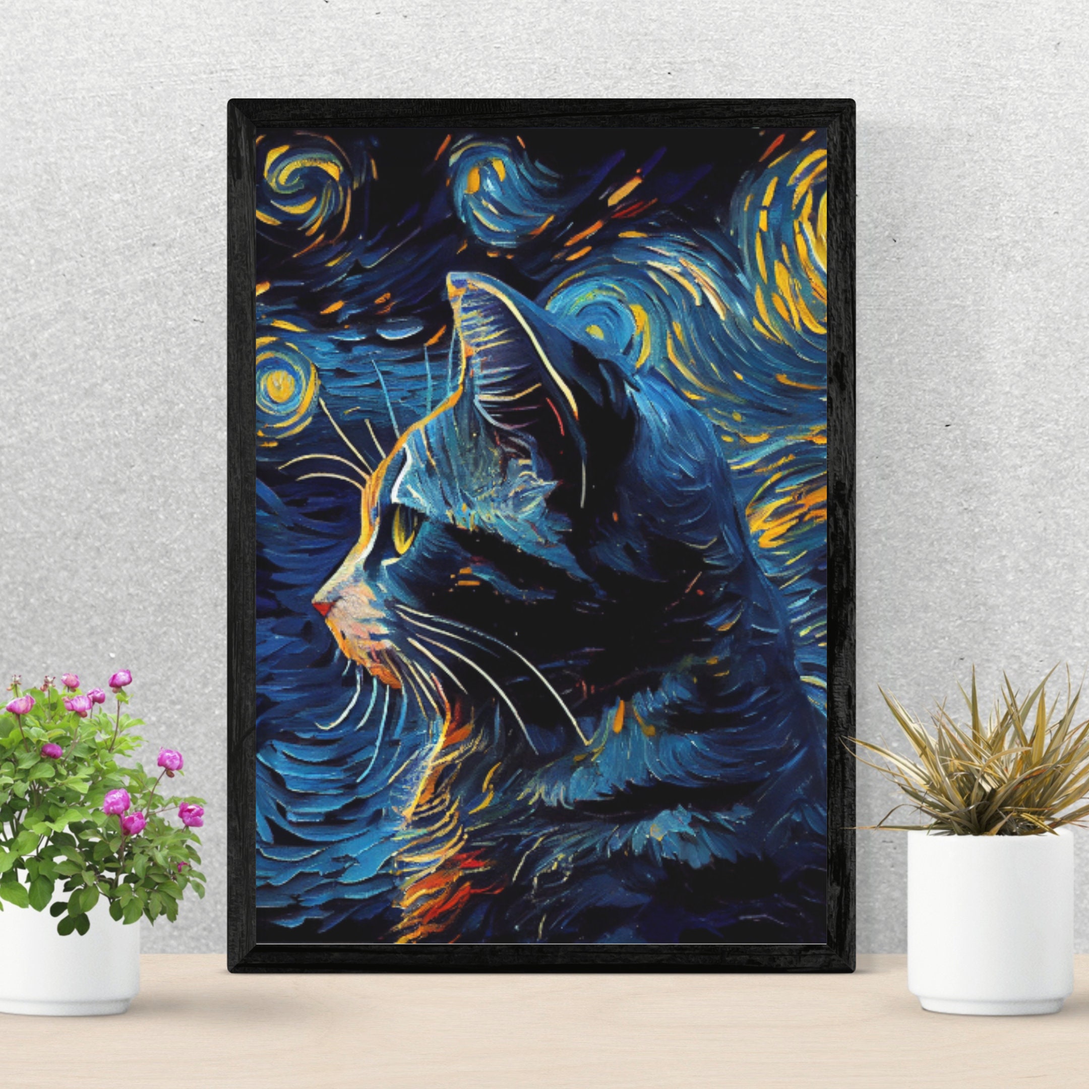 星月夜の猫のアートプリント - ゴッホにインスパイアされたユニークな