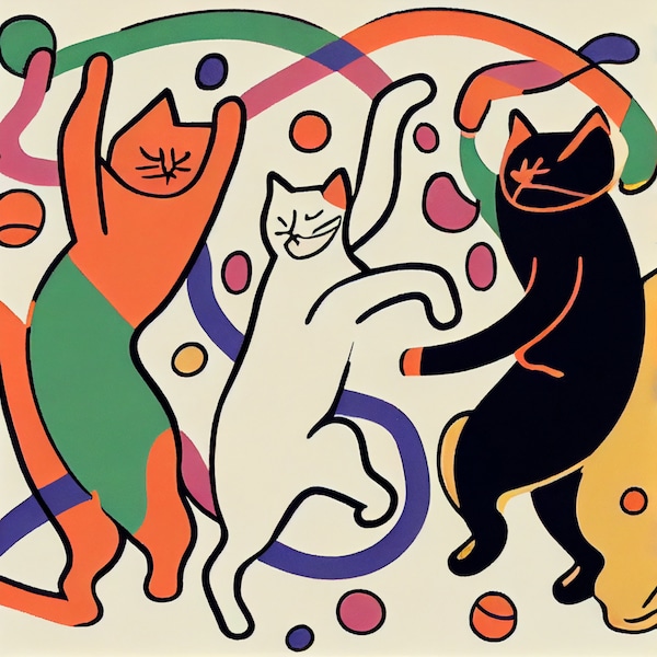 Matisse Style Cat Dance Party: Modern Cat Art, Funky Feline Decor, Whimsical Gift for Cat Lovers