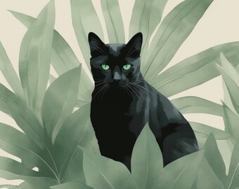Black Cat Art Print – Whimsical Feline with House Plants