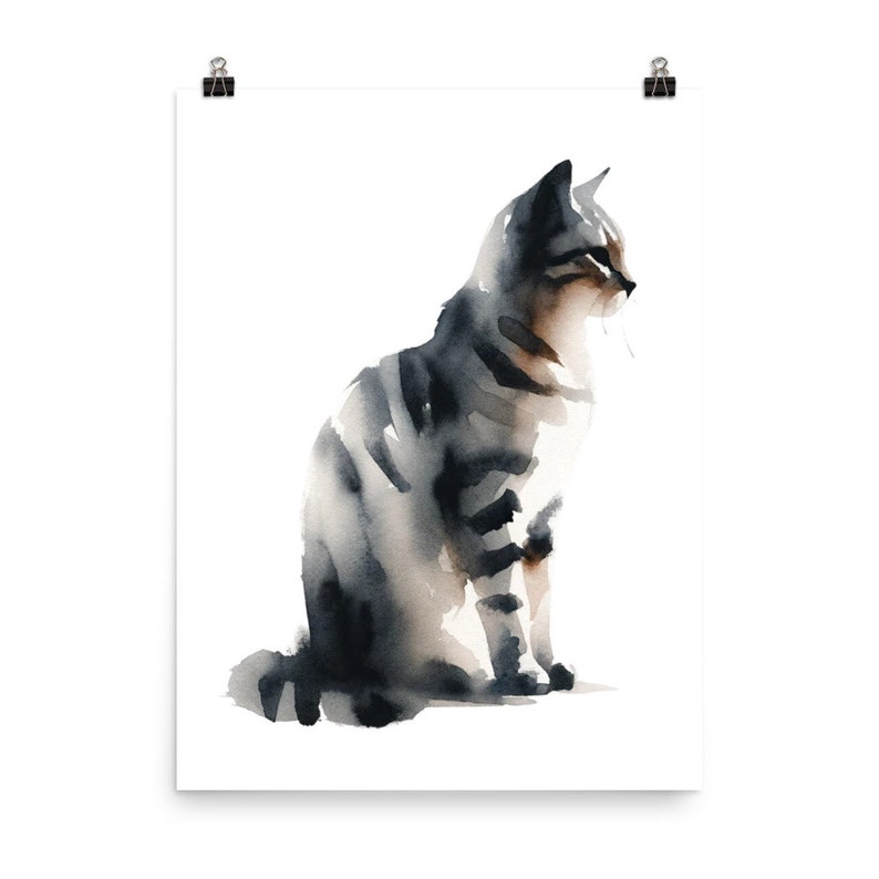 Gray Tabby Cat Watercolor Art Print, Home Office Decor - Etsy