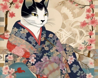 Cat Geisha Art Print: Floral Kimono, Japanese Garden