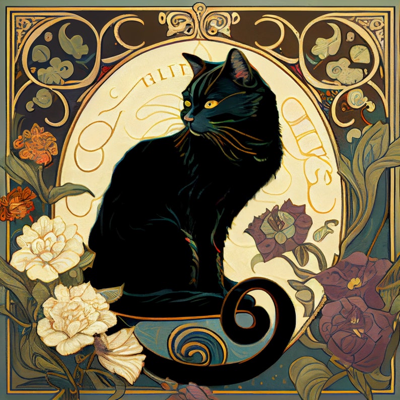 Chat noir divin avec rose et rayon de soleil : impression d'art mural floral Art nouveau | Décoration murale animal, impression d'art animalier, cadeau pour les amoureux des chats image 1