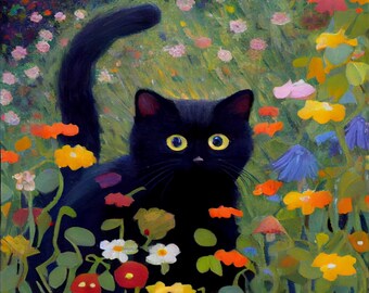 Gustav Klimt Garden Style Cat Print - Klimt Flowers Cat Poster - Funny Black Cat Art - Floral Print - Funny Cat Gift - Home Decor Poster