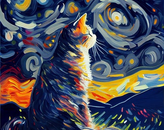 Starry Night Cat Art Print - Van Gogh Inspired Wall Decor, Unique Animal Art, Vibrant Swirling Sky - Perfect Gift for Cat Lovers