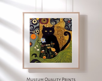 クリムト風黒猫アートプリント - 花柄ガーデン猫好きへのギフト - Etsy