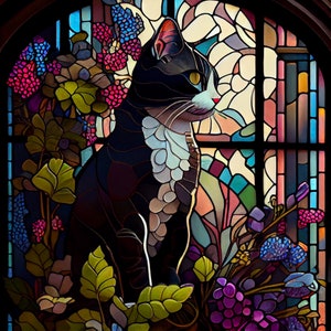 Tuxedo Cat, Art Nouveau Style Stained Glass, Floral Wall Art Print | Cat Wall Decor, Cat Art Print, Cat Lovers Gift