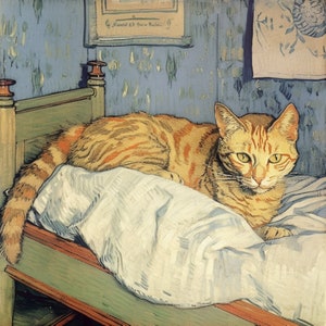 Van Gogh&#39;s The Bedroom Inspired Cat Art: Whimsical Tabby Cat on Bed Print, Delightful Home Decor and Gift for Art Lovers