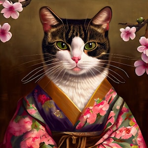 Japanese Cat Illustration Art Print - Unique Gift for Cat Lovers - Wall Art Decor for Her
