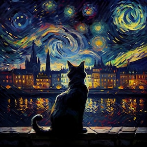 Sternenklare Nacht Katze Kunstdruck - Van Gogh inspirierte Wanddekoration, einzigartige Tierkunst, lebendiger wirbelnder Himmel - perfektes Geschenk für Katzenliebhaber