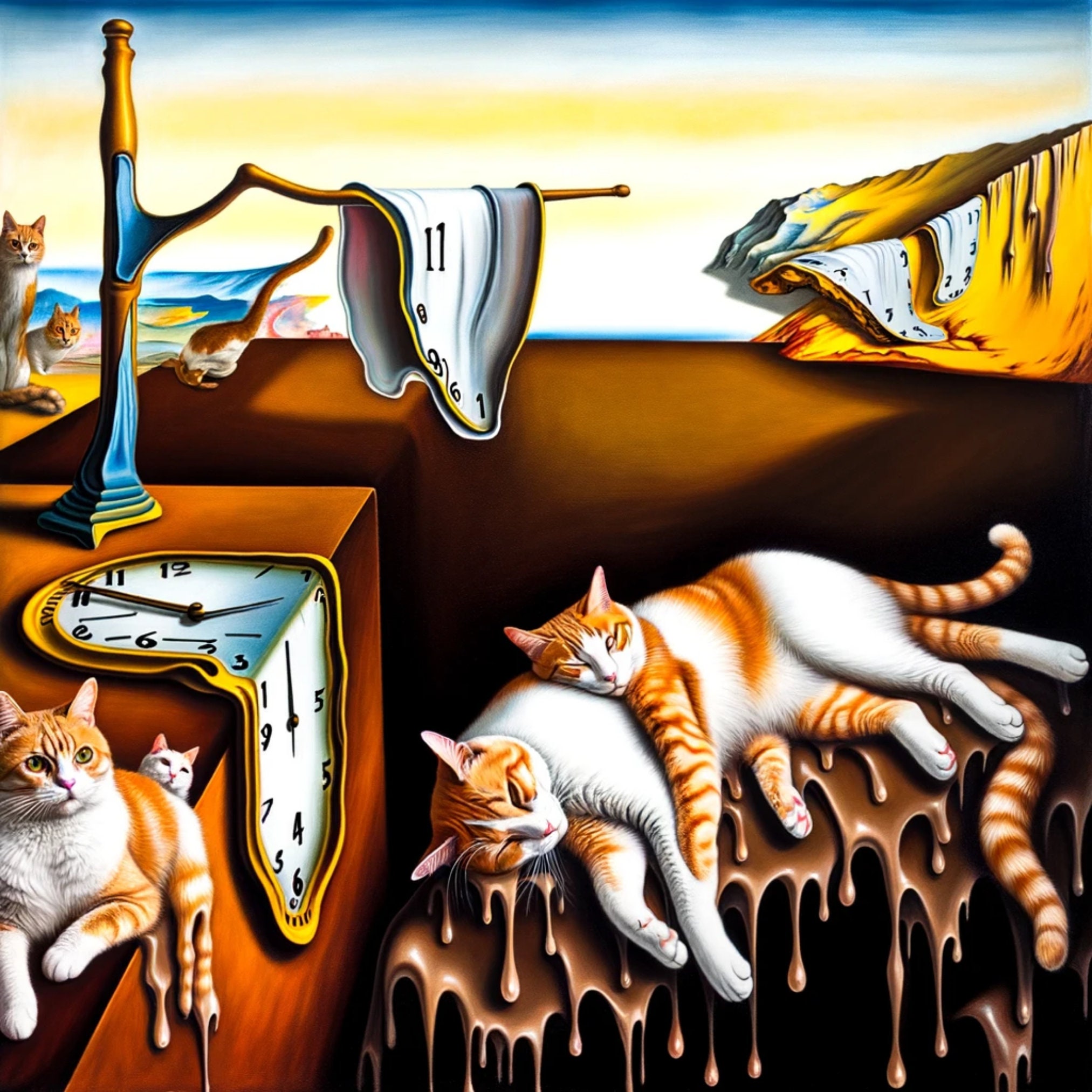 Dali Melting Clocks Cat Art Poster - Surrealist Wall Art - Etsy