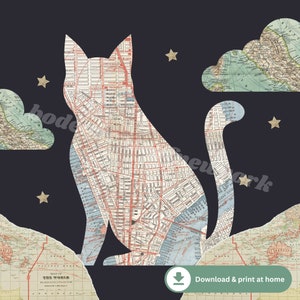 TÉLÉCHARGEMENT NUMÉRIQUE | Carte de la silhouette de chat de la ville de New York, art de chat de New York, art pour les amoureux des chats, cadeau d'art de chat, art de New York, impression à la maison, téléchargement