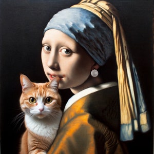 Girl with The Pearl Earring Cat Parody - Funny Cat Wall Art - Cat Art Poster - Johannes Vermeer