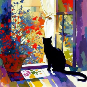 Matisse-Inspired Black Cat & Floral Watercolor Print - Perfect as a Unique Gift for Cat and Art Lovers, Home Decor for Cat Lovers