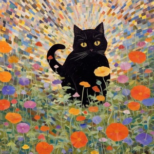 Gustav Klimt tuinstijl kat print - Klimt bloemen kat poster - grappige zwarte kat kunst - bloemenprint - grappige kat cadeau - woondecoratie poster