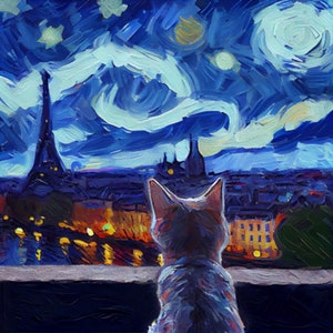 Sternenklare Nacht Katze Kunstdruck - Van Gogh inspirierte Wanddekoration, einzigartige Tierkunst, lebendiger wirbelnder Himmel - perfektes Geschenk für Katzenliebhaber