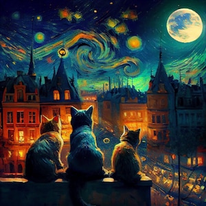 Sternenklare Nacht Katze Kunstdruck - Van Gogh inspirierte Wanddekoration, einzigartige Tierkunst, lebendiger wirbelnder Himmel - perfektes Geschenk für Katzenliebhaber