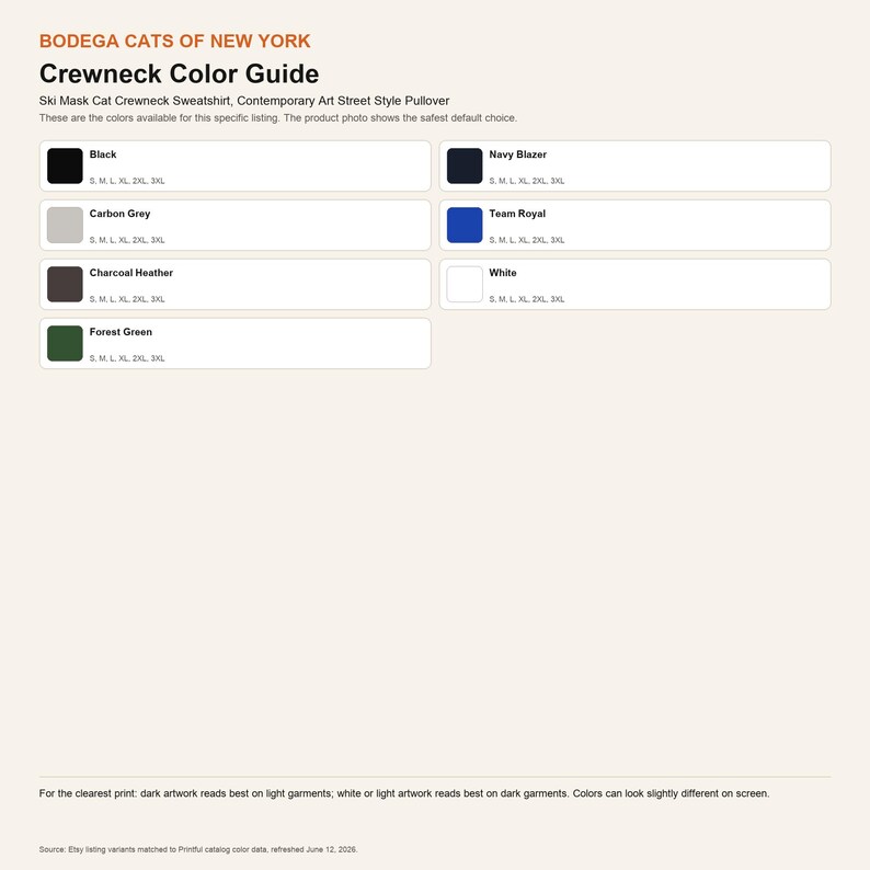 May include: A color guide for a crewneck sweatshirt titled Bodega Cats of New York. It lists seven color options: Black, Navy Blazer, Carbon Grey, Team Royal, Charcoal Heather, White, and Forest Green, each with available sizes from S to 3XL.