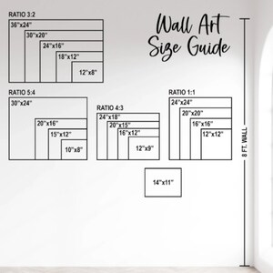 May include: A wall art size guide with different aspect ratios and measurements in inches. The guide shows the dimensions of various sizes of wall art, including 3:2, 5:4, 4:3, and 1:1 ratios. The guide is labeled "Wall Art Size Guide" and includes the text "8 FT. WALL".