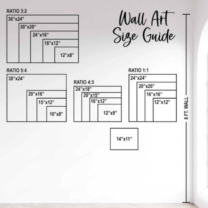May include: A wall art size guide with different aspect ratios and measurements in inches. The guide shows the dimensions of various sizes of wall art, including 3:2, 5:4, 4:3, and 1:1 ratios. The guide is labeled "Wall Art Size Guide" and includes the text "8 FT. WALL".