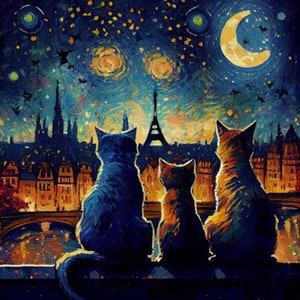 Sternenklare Nacht Katze Kunstdruck - Van Gogh inspirierte Wanddekoration, einzigartige Tierkunst, lebendiger wirbelnder Himmel - perfektes Geschenk für Katzenliebhaber