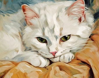 Adorable White Cat Snuggled in Van Gogh-Inspired Bed Sheets Art Print - Cozy Feline Bedroom Wall Decor