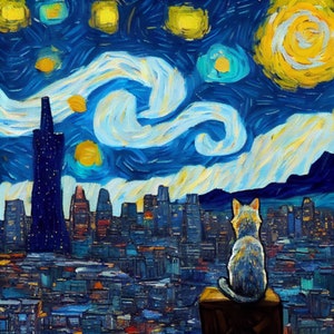 Sternenklare Nacht Katze Kunstdruck - Van Gogh inspirierte Wanddekoration, einzigartige Tierkunst, lebendiger wirbelnder Himmel - perfektes Geschenk für Katzenliebhaber