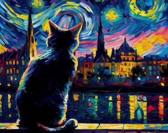 Starry Night Cat Art Print - Van Gogh Inspired Wall Decor, Unique Animal Art, Vibrant Swirling Sky - Perfect Gift for Cat Lovers