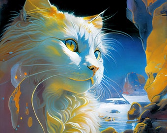 Salvador Dali Inspired Art Print - "White Cat Surrealism" - A Unique Gift for Cat Lovers and Art Enthusiasts